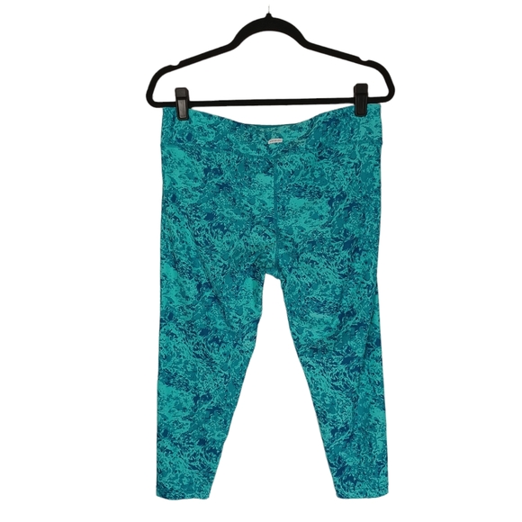 SPALDING Teal Green/ Blue Print Athletic Capri Crop Leggings Large - Picture 2 of 8